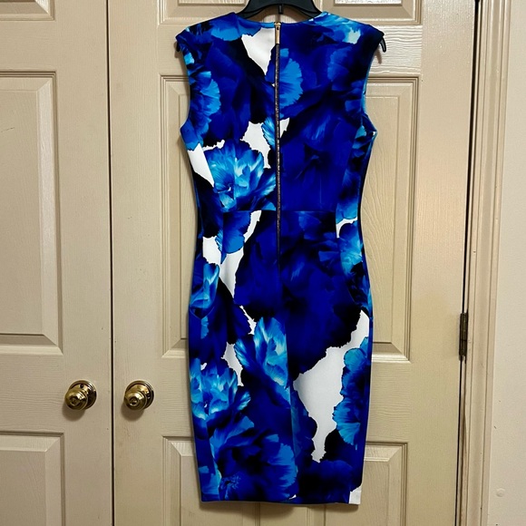 Calvin Klein Blue Floral Dress Sleeveless Midi Fitted Gold Zipper - Picture 2 of 5